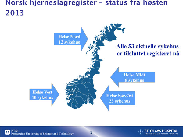 Figur 1: Antall sykehus tilsluttet Norsk hjerneslagregister i de ulike helseregioner.