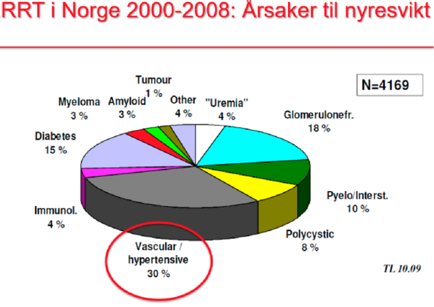 Figur 2. Årsaker til nyresvikt i Norge 2000-2008, basert på tall fra nasjonalt nyreregister. RRT: renal replacement therapy (dialyse eller nyretransplantasjon). Gjengitt med tillatelse fra Norsk Nyreregister ved Anna Varberg Reisæter.